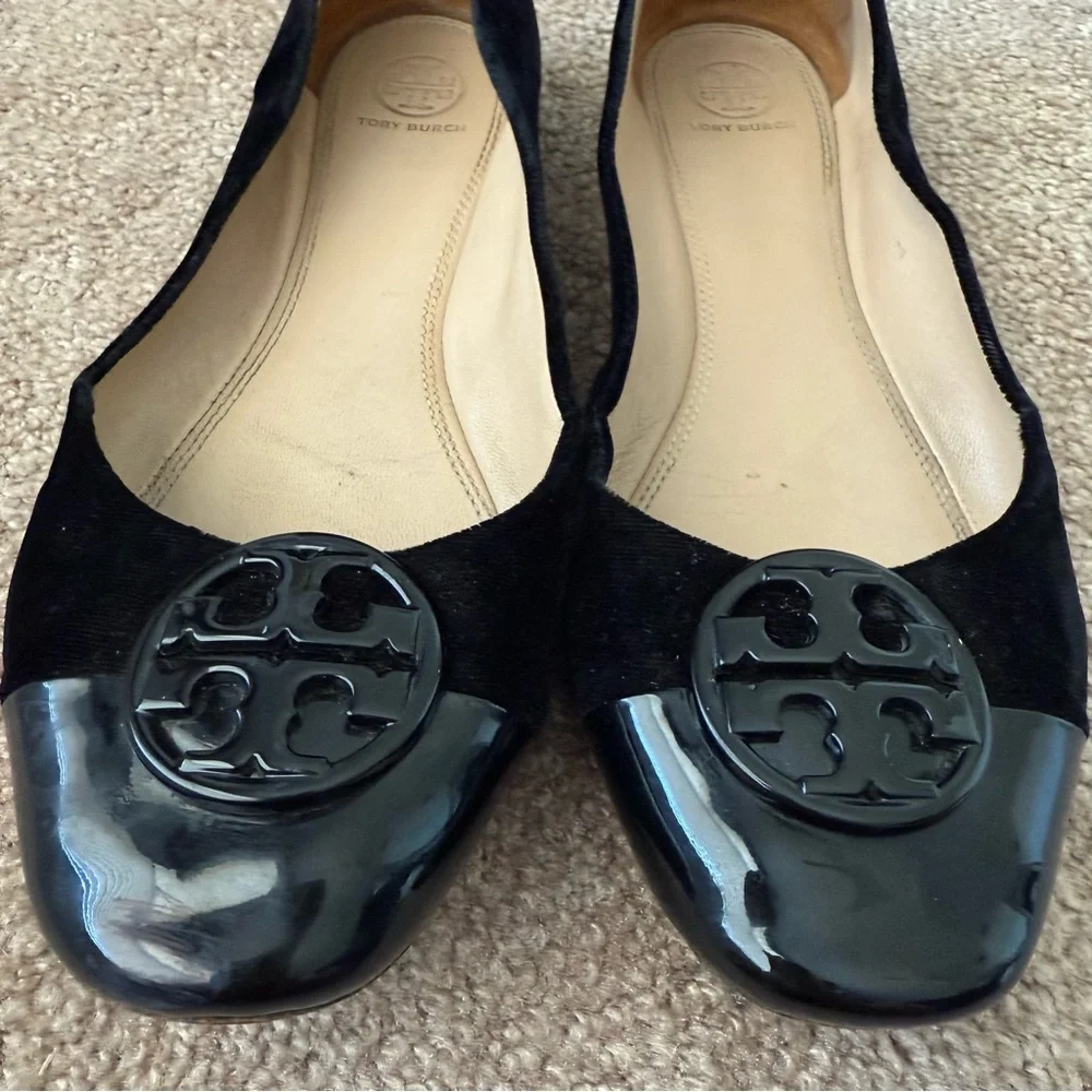 Tory Burch Black Velvet Patent Leather Ballet Flats